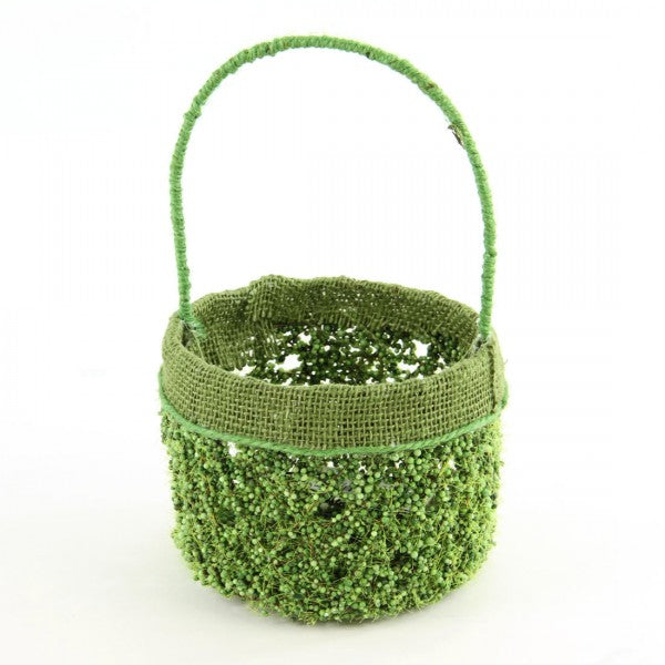 11" MOSS BURLAP BASKET WITH HANDLE