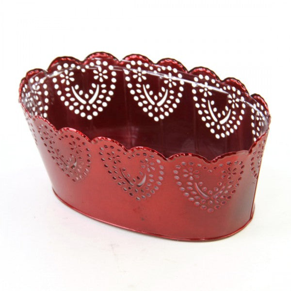 8.5" OVAL TIN POT WITH HEART RED