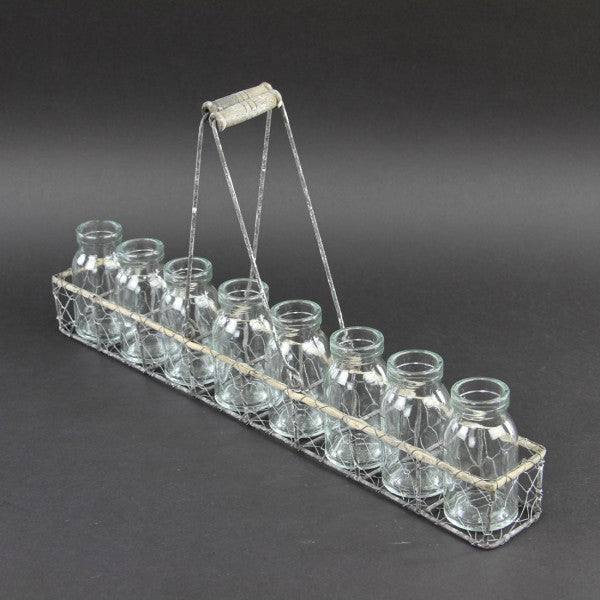 WIRE BSKT W/8 GLS BOTTLE GRAY
